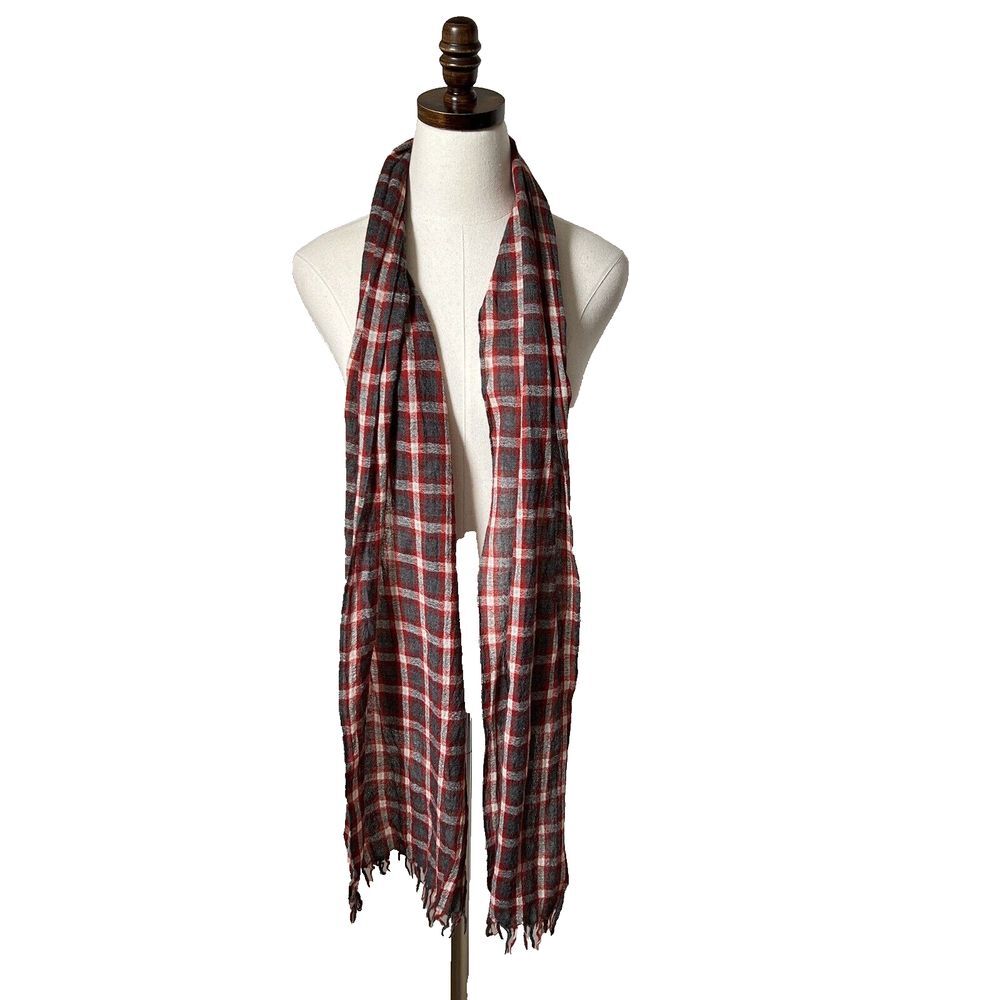 J CREW Wool Scarf Plaid Red White Gray Warm Fringe Outerwear‎ Reversible